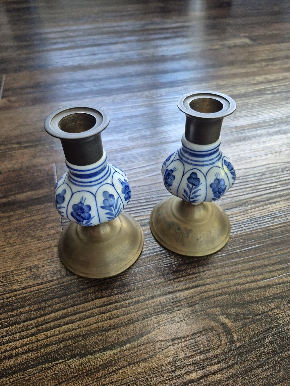 Vintage Brass Delft Blue And White Ceramic Candlestick Holders Set Of 2